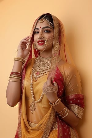 beautiful Indian 24 year girl , looking_at_camera, closeup  , on bar standing , red hair, cute face smile , tight boobs , full length pic one side pose, rajsthani traditional dress, realistic body skin, royal looking rajsthani princess , body skin texture, face glow, atrective face, toxic eyes, round face, boobs size 46, tight stomach, abs on stomach,tight boobs, Deep cleavage visible,clothes texture good , brown eyes, looking forward, eyes people front look, image background , beautiful rajsthani traditional village woman , wearing red golden rajasthani bra type blause, yellow pink rajasthani lehnga, stomach visible, heavy jewellery, long hairs, cute smile, shiny eyes,prity eyebrow ,nice shape body,  crossed hand, full length body, sitting in image , 8k render, realistic portrait of an Indian girl with a muscular body, showcasing natural spots, taut skin, in a confident sitting pose, adorned in traditional Rajasthani princess attire, emphasizing realism and cultural authenticity, royal rajwadi background, palace in background, traditional Indian dress, realistic, smiley face, glow face, little bit fatty face, red dress colour, pink lipstick, bold lips, dress colour same like image, dressing like image, standing pose like image all specifications like image, rajwadi jwellery pandent, necklace, realistic, dark sky blue dress.