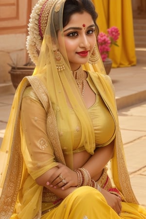 beautiful Indian 24 year girl , looking_at_camera, closeup  , on bar standing , red hair, cute face smile , tight boobs , full length pic one side pose, rajsthani traditional dress, realistic body skin, royal looking rajsthani princess , body skin texture, face glow, atrective face, toxic eyes, round face, boobs size 46, tight stomach, abs on stomach,tight boobs, half cleavage visible,clothes texture good , brown eyes, looking forward, eyes people front look, image background , beautiful rajsthani traditional village woman , wearing red golden rajasthani bra type blause, deep cut blause, yellow pink rajasthani lehnga, stomach visible, heavy jewellery, long hairs, cute smile, shiny eyes,prity eyebrow ,nice shape body,  crossed hand, full length body, sitting in image , 8k render, realistic portrait of an Indian girl with a muscular body, showcasing natural spots, taut skin, in a confident sitting pose, adorned in traditional Rajasthani princess attire, emphasizing realism and cultural authenticity, royal rajwadi background, palace in background, traditional Indian dress, realistic, smiley face, glow face, little bit fatty face, red dress colour, pink lipstick, bold lips, dress colour same like image, dressing like image, standing pose like image all specifications like image, rajwadi jwellery pandent, necklace, realistic.