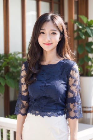 18 years old woman, very long wavy hair, smile, kebaya, (lace blue gold blouse:1.2), medium breast, upper body, (indoor), cat ear,pants,hands in hip
