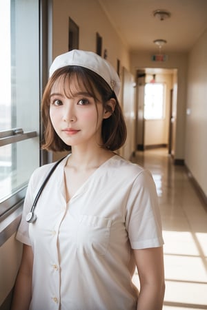 woman, nurse, nurse hat, hospital hallway, window, sunray, bokeh 