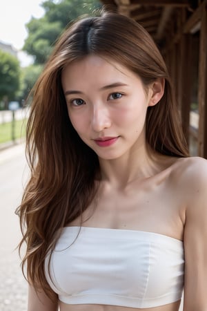 (realistic, bokeh, real photo), woman, long wavy hair, brown hair, strapless white crop top, cotton, upper body, outdoor, barn, sun ray