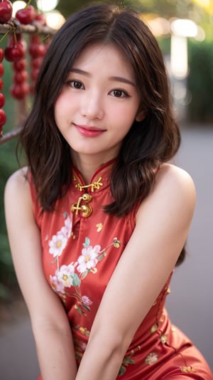 (soft light, evening, cherries, bokeh:1.2), 
woman, smiling eyes, cute nose, long curly hair, (thin, upper body),
(red cheongsam, short pants:1.2)