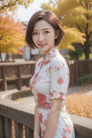 18 years old Chinese girl, short hair, vintage Cheongsam, outdoor, autumn, 