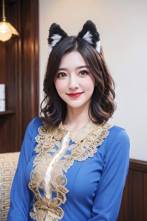 18 years old woman, short wavy hair, smile, kebaya, (lace blue gold blouse:1.2), medium breast, upper body, (indoor), cat ear,kebaya,blouse