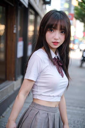 Analog, realism, photorealistic,woman, cute face, upper body, sexy, school_uniform, short skirt, Taiwan streets ,  bokeh 