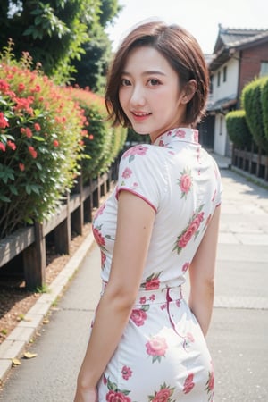 18 years old Chinese girl, short hair, vintage Cheongsam, outdoor, autumn, hands behind back