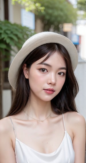 (soft light, bokeh:1.2), slight smile, angel face, white hat, 
Photograph, silk scarf, (upper body, slender, small breast:1.2), (black dress:1.3), 
outdoor, old streets of Taiwan,analog style