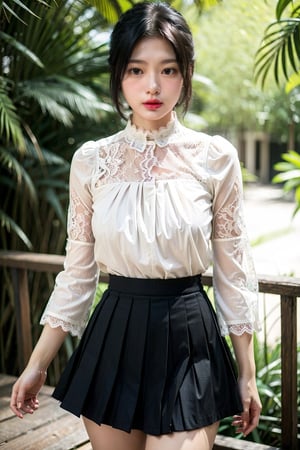 (real photo, soft natural light, bokeh), woman, slender body, (cotton shirt, lace sleeve, pleated black skirt:1.2),  rainforest resort