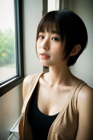 raw photo, Chinese woman, pretty face,  short hair, tank top, jacket,  upper body,
hallway, window, sunray, Bokeh, analog, film