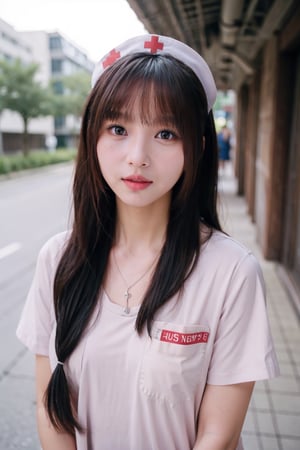 a woman with long hair and a necklace,  (nurse uniform:1.2),  raw photo, analog, realism, photorealistic, hallway, bokeh