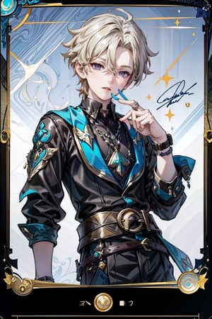 solo male, (card design, card_game_character design, character signature), (((1boy:1.2))), short hair, with glitter, mother-of-pearl, , thin_waist, waist shot, mole under eye, best quality, highly detailed, (fake screenshot, pattern frame:1.3), metallic color feeling, (character design signature:1.2),