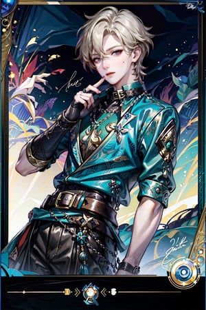 solo male, (card design, card_game_character design, character signature), (((1boy:1.2))), short hair, with glitter, mother-of-pearl, , thin_waist, waist shot, mole under eye, best quality, highly detailed, (fake screenshot, pattern frame:1.3), metallic color feeling, (character design signature:1.2),