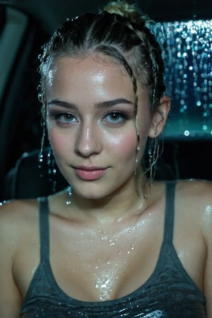 very beautiful 23 year old girl, sultry, pigtail braids, large breasts, wet, thin, sexy body, droplets all over, wet, sexy body, thin, orgasmic face, in car backseat, very dark and dimly lit scene, barely any light, very dark theme, smiling, blushing, shy, naughty_face, (hard nipples showing through shirt), wearing tank top with no bra underneath, soakingwetclothes, surprise face, undessing, looking next to her, male_pov