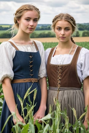 two somewhat pretty peasant 23 year old girls, sexy body, middle ages england, hyperdetailed photography, highly realistic, working in crop field, other workers in background, slight smile, sultry