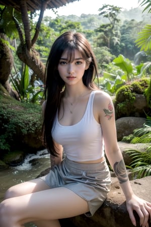 (((high detailed face and body))), (((photorealistic))), (((shot from beside,))), (((1girl))), (((Slender body))), ((small breasts)), ((safari upskirt tank top)), (short pants), ((rainforest background)), (tattooed leg), necklace ,((shag hair)) ,Realism,Portrait,Enhance