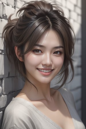 portrait at the wall, pencil sketch, beautiful face of Japanese girl with tousled hair,
smiling, happy, fine lines, masterpiece, sharp focus, depth of field,
unreal engine, perfect composition, digital art on Pixiv Fanbox, artstation, 8k, hdr