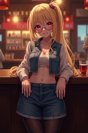 (masterpiece), best quality, expressive eyes, perfect face, (solo), busty girl, ethereal beauty, blond hair, long hair, side ponytail, luminous red eyes, glasses, detailed outfit, denim vest, bare stomach, denim skirt, ((black) pantyhose), in a bar, from front, facing the viewer