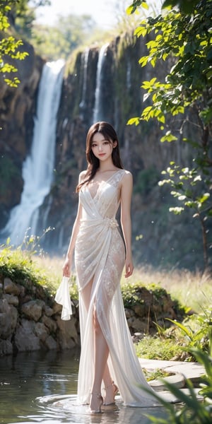 profesional, full body, wide angle, bright soft light backdrop in the forest, in the background is a beautiful waterfall, young woman, beautiful face, half Korean-English, sweet face, sweet makeup, see-through dress, wet(1.2), swimming, shoulder length hair, small flowers. Gentle smile hyper detail, 64 k, super resolution image, warm morning light, hd, 1080, sharp image.