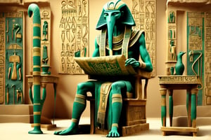 (((Thoth The Atlantean))), Thoth The Atlantean writing the emerald tablets in egypt sitting on egyptian chair and desk, Third person view