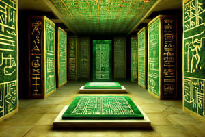 (((The twelve Emerald Tablets))), Exactly twelve Emerald tablets in egypt on top of a futuristic alien like altar underground