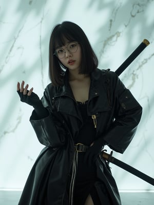 glasses,A captivating scene unfolds on the white marble background with subtle reflections. Jisoo, a stunning samurai girl, stands out in a half-and-half latex raincoat and skirt opening, cinched by a striking black and white belt. Her straight black hair, adorned with bangs, frames her determined expression. Holding a sword behind her back with her right hand, she extends her left palm open. A techwear jacket, black gloves, and tactical veil add to her edgy ensemble. The dim lighting (1.2) casts a moody atmosphere, allowing the simplicity of the background to focus attention on Jisoo's striking pose.

The lens uses a 35mm or 50mm focal length, and the aperture is set from f/2.8 to f/4. The characters are clear and the background is slightly blurred. The shutter speed is 1/125 second or faster, the ISO is set between 100 and 200, and the white balance is adjusted to daylight mode to create a natural, life-like atmosphere overall.color temperature 3200k,Fantasy detailers 