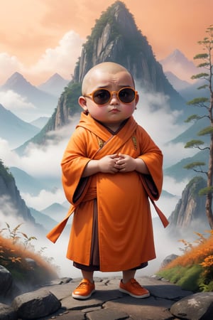 Really cute, fat little monk wearing sunglasses, stylish orange cassock and shoes standing in front of the foggy mountain, anthropomorphic, cute pose, solid color, simple background, 4k, 8k, 16k, dance moves moonwalk, (surreal footage )
((whole body)),(viewed from a distance).,Chibi,chibi,more detail XL