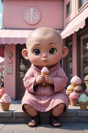 Really cute, fat little monk, stylish PINK cassock and shoes siting in front of the ice cream shop, anthropomorphic, funny pose, solid color, simple background, 4k, 8k, 16k, moves moonwalk, (surreal footage )
((whole body)),(viewed from a distance).,Chibi,chibi,more detail XL