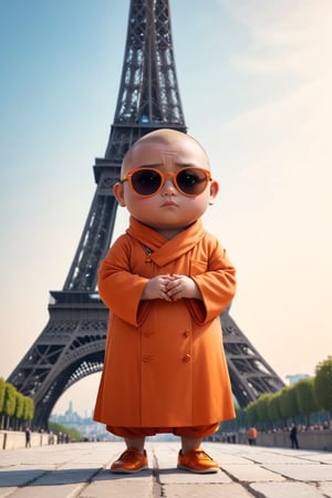 Really cute, fat little monk wearing sunglasses, stylish orange cassock and shoes standing in front of the Eiffel Tower, anthropomorphic, cute pose, solid color, simple background, 4k, 8k, 16k, dance moves moonwalk, (surreal footage )
((whole body)),(viewed from a distance).,Chibi,chibi,more detail XL