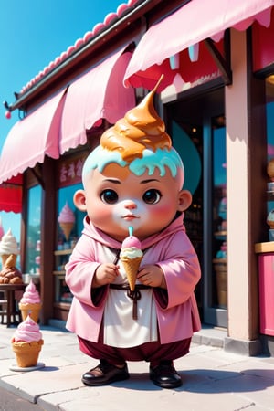 Really cute, fat little monk, stylish PINK cassock and shoes siting in front of the ice cream shop, anthropomorphic, funny pose, solid color, simple background, 4k, 8k, 16k, moves moonwalk, (surreal footage )
((whole body)),(viewed from a distance).,Chibi,chibi,more detail XL