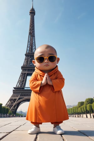 Really cute, fat little monk wearing sunglasses, stylish orange cassock and shoes standing in front of the Eiffel Tower, anthropomorphic, cute pose, solid color, simple background, 4k, 8k, 16k, dance moves moonwalk, (surreal footage )
((whole body)),(viewed from a distance).,Chibi,chibi,more detail XL