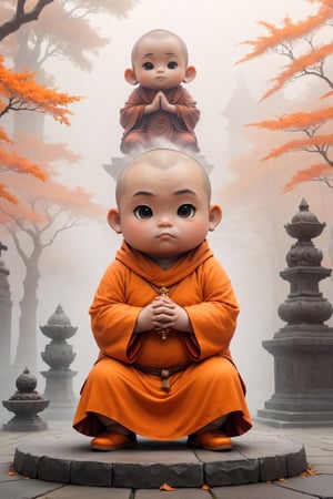 Really cute, fat little monk, stylish orange cassock and shoes siting in front of the foggy statue, anthropomorphic, conpemplating pose, solid color, simple background, 4k, 8k, 16k, moves moonwalk, (surreal footage )
((whole body)),(viewed from a distance).,Chibi,chibi,more detail XL