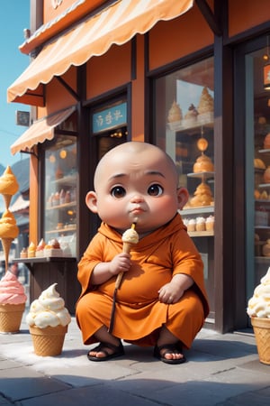 Really cute, fat little monk, stylish orange cassock and shoes siting in front of the ice cream shop, anthropomorphic, conpemplating pose, solid color, simple background, 4k, 8k, 16k, moves moonwalk, (surreal footage )
((whole body)),(viewed from a distance).,Chibi,chibi,more detail XL