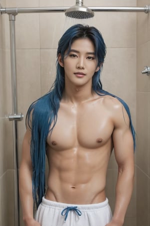 Realistic Photography, Handsome korean men, he is about 20 years old, in home taking shower, long blue hair, full_body 