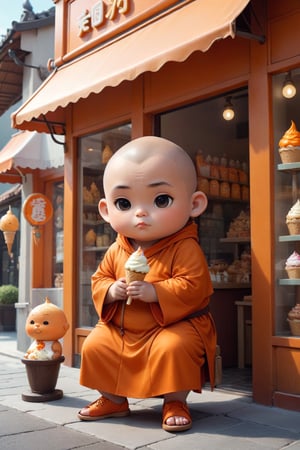 Really cute, fat little monk, stylish orange cassock and shoes siting in front of the ice cream shop, anthropomorphic, conpemplating pose, solid color, simple background, 4k, 8k, 16k, moves moonwalk, (surreal footage )
((whole body)),(viewed from a distance).,Chibi,chibi,more detail XL