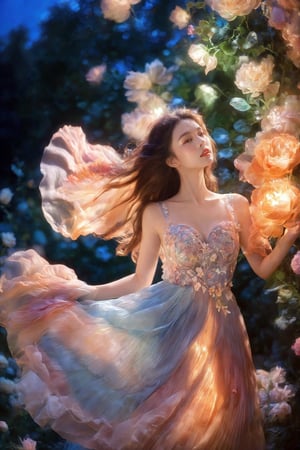 1 girl, flowing hair, (glowing dress), colorful pleated skirt, running in the flowers, looking back,  dreamy scenes, exquisite facial features, extremely beautiful face, clear details, soft lighting background, light particles, blue and orange lighting, masterpiece, best quality