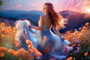 1 girl, flowing hair, (glowing dress), colorful pleated skirt, running in the flowers, looking back,  dreamy scenes, exquisite facial features, extremely beautiful face, clear details, soft lighting background, light particles, blue and orange lighting, masterpiece, best quality
