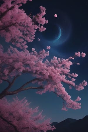 Cherry blossom in night . The night sky is full of stars and have a planet and the planet havea half curve moon light bright. The photo colour is pink blue and black. Seems like fantasy spray paint. Ambiant true fantasy. Artistic, camera focused on sky.
