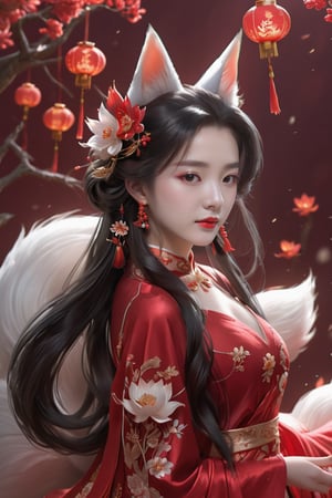 1girl, solo, long hair, black hair, hair ornament, long sleeves, dress, jewelry, standing, (( full body )), flower, earrings, hair bun, red dress, sparkle, chinese clothes, single hair bun, bug, red flower, tassel, forehead mark, lotus, nine-tailed fox, red tail, 9tail fox, extremely real, extremely detailed, 8k