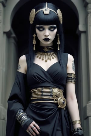 Cleopatra in a fusion of Japanese-inspired Gothic punk fashion, elegance ancient Egypt edgy elements of Gothic punk,Envision Cleopatra adorned in a kimono-inspired gown with Gothic accessories, incorporating traditional Japanese motifs and punk-inspired details,Emphasize the unique synthesis of styles, capturing the regal allure of Cleopatra with a contemporary and rebellious twist,goth person,pastel goth,dal