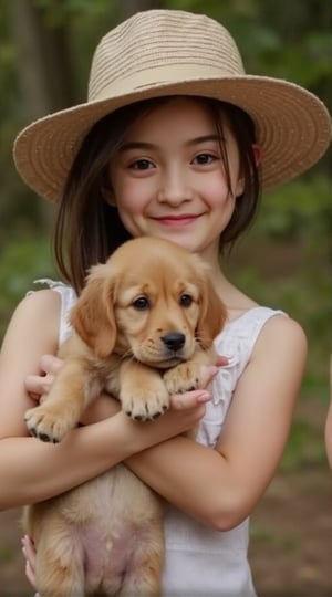 A cute girl with big green eyes, florish large hat, smiling to camera, hugging a cute puppy. Ultra realistic photo.forest