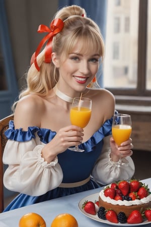 masterpiece, top quality, aesthetic, 1 woman, solo, long hair, looking at viewer, smiling, happy, open mouth, bangs, blue eyes, blonde hair, dress, long sleeves, off-shoulder dress, ribbon, holding, sitting, hair ribbon, , ponytail, :d, heart, frill, food, glass, straw, red ribbon, neck ribbon, fruit, chair, table, holding food, plate, orange juice, cake, strawberry, fork, holding fork,watercolor \(medium\)