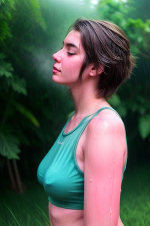 A young woman with a banana body type stands amidst lush green grass, her short blonde bob cut glistening wet from the misty rain. She wears a white tank top and panties, braless, showcasing her curves as the fabric clings to her skin. Her eyes closed, she's lost in the moment amidst the tropical surroundings.

The vibrant greens of the grass blend seamlessly with the woman's wet hair, creating a stunning visual contrast. The foggy mist swirls around her, adding depth and mystery to the scene. Raindrops glisten on her tank top, accentuating her small breasts and toned physique.

In this intimate HDR photo, vivid colors burst forth: the rich greens of the grass, the soft pinks of her skin, and the deep blues of the misty rain. Clear shadows and highlights pop against the lush backdrop, drawing attention to every detail. The woman's athletic build and streamlined silhouette are on full display, as if frozen in time amidst this serene, tropical atmosphere. (((Side view))), 