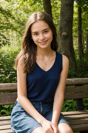 A warm sunlight gently illuminates a 14-year-old girl's face, her bright blue eyes sparkling with curiosity. She sits on a worn wooden bench, her long brown hair loosely tied in a ponytail, as she gazes out at the lush greenery surrounding her. A gentle breeze rustles the leaves, and her smile hints at a secret only nature knows.