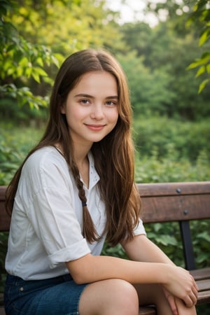 A warm sunlight gently illuminates a 14-year-old girl's face, her bright blue eyes sparkling with curiosity. She sits on a worn wooden bench, her long brown hair loosely tied in a ponytail, as she gazes out at the lush greenery surrounding her. A gentle breeze rustles the leaves, and her smile hints at a secret only nature knows.