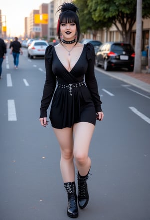 Gothic woman running like crazy down the street in her underwear,real Girl,real life,looking-at-viewer