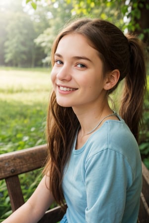 A warm sunlight gently illuminates a 14-year-old girl's face, her bright blue eyes sparkling with curiosity. She sits on a worn wooden bench, her long brown hair loosely tied in a ponytail, as she gazes out at the lush greenery surrounding her. A gentle breeze rustles the leaves, and her smile hints at a secret only nature knows.