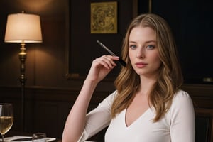 Rachel Nichols as "Lola" in a scene from the movie "P2", where she is sitting at a Christmas dinner table, wearing the simple white dress from the movie. Her light hair is loose, and the scene lighting is soft, with warm and pleasant tones. Her blue eyes shine with an expression of discomfort and fear, enhanced by a neutral eyeshadow and a stroke of black eyeliner on the upper eyelid. Her lips are lightly painted with a light pink lipstick. The image should be realistic, with a focus on the details of the scene from the movie and the atmosphere of tension. The image resolution is extremely high, capturing every detail of her look and the atmosphere of the movie. 