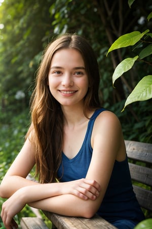 A warm sunlight gently illuminates a 14-year-old girl's face, her bright blue eyes sparkling with curiosity. She sits on a worn wooden bench, her long brown hair loosely tied in a ponytail, as she gazes out at the lush greenery surrounding her. A gentle breeze rustles the leaves, and her smile hints at a secret only nature knows.