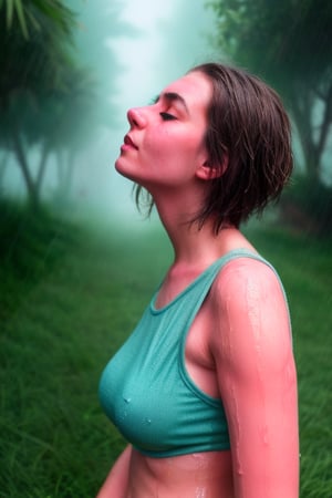 A young woman with a banana body type stands amidst lush green grass, her short blonde bob cut glistening wet from the misty rain. She wears a white tank top and panties, braless, showcasing her curves as the fabric clings to her skin. Her eyes closed, she's lost in the moment amidst the tropical surroundings.

The vibrant greens of the grass blend seamlessly with the woman's wet hair, creating a stunning visual contrast. The foggy mist swirls around her, adding depth and mystery to the scene. Raindrops glisten on her tank top, accentuating her small breasts and toned physique.

In this intimate HDR photo, vivid colors burst forth: the rich greens of the grass, the soft pinks of her skin, and the deep blues of the misty rain. Clear shadows and highlights pop against the lush backdrop, drawing attention to every detail. The woman's athletic build and streamlined silhouette are on full display, as if frozen in time amidst this serene, tropical atmosphere. (((Side view))), 