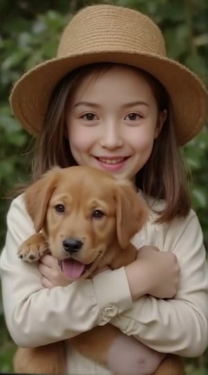 A cute girl with big green eyes, florish large hat, smiling to camera, hugging a cute puppy. Ultra realistic photo.forest